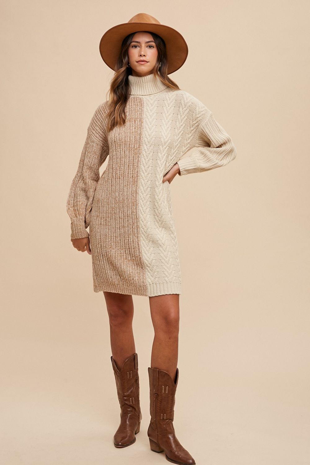 Annie Wear - Color Block Turtleneck Sweater Dress