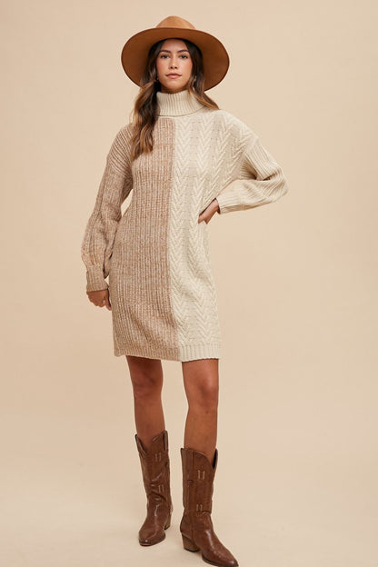 Annie Wear - Color Block Turtleneck Sweater Dress