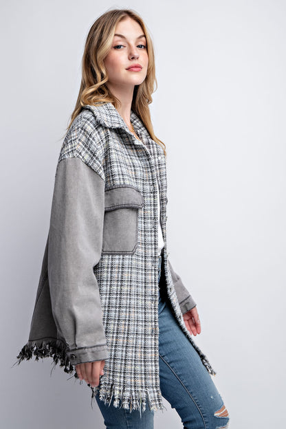 Sweet Generis - Tweed Mixed Denim Shacket with Fringed Hem