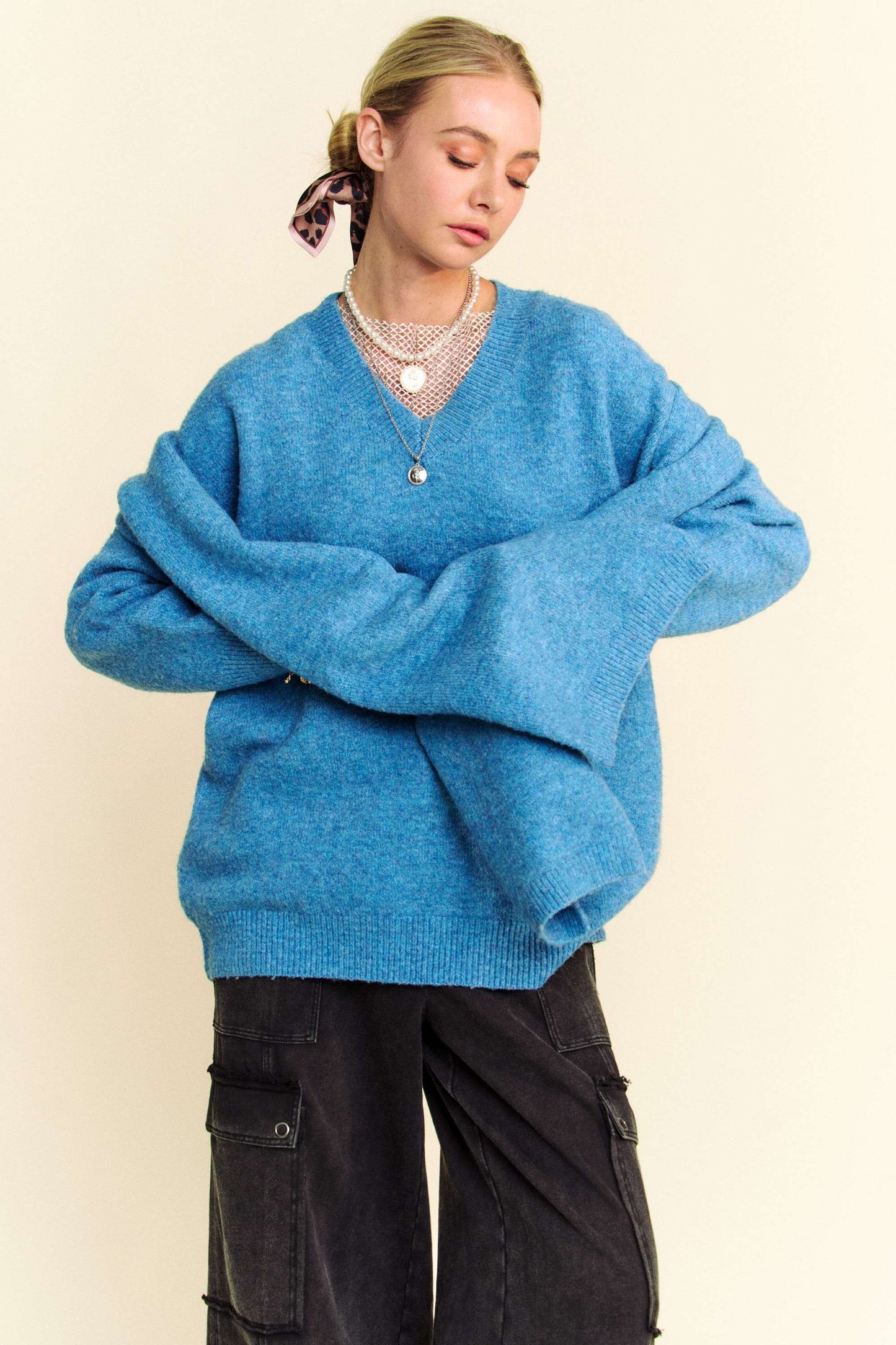 Davi & Dani V-Neck Dropped Shoulder Sweater with Scarf