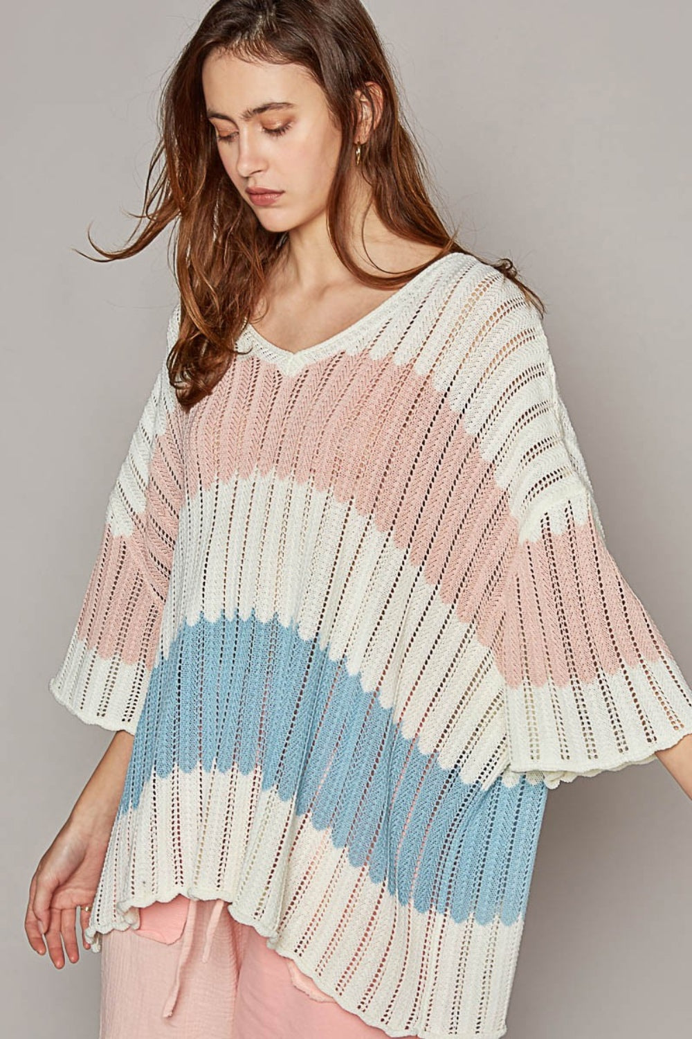 POL V-Neck Stripe Weave Sweater