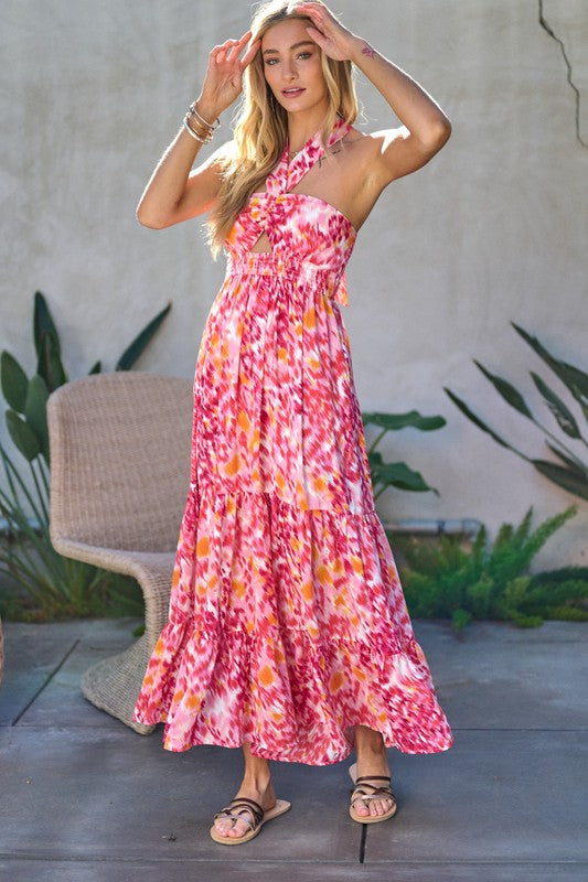 Davi & Dani Printed Halter Maxi Dress