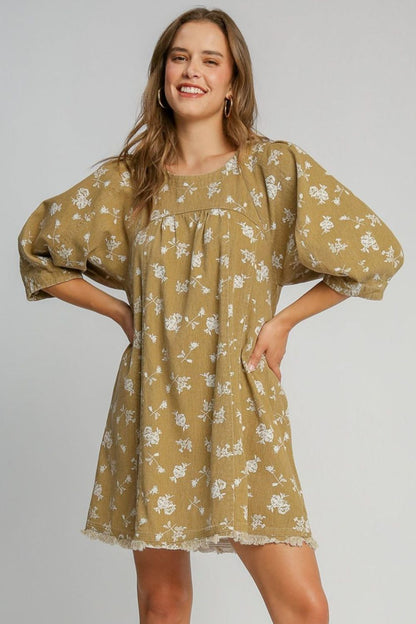 Umgee - Raw Hem Floral Print Round Neck Denim Dress