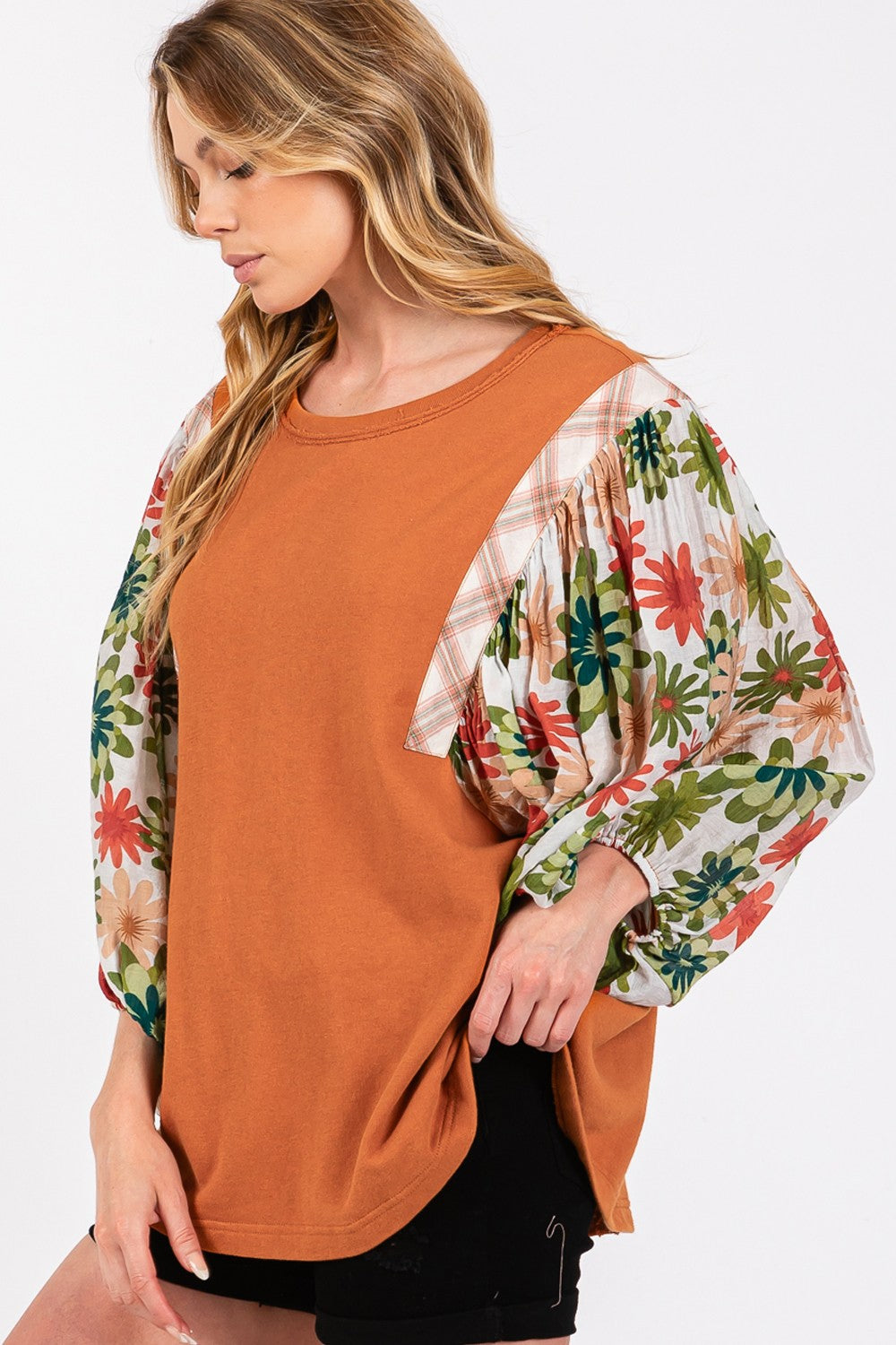 SAGE+FIG Full Size Printed Balloon Sleeve Contrast Top