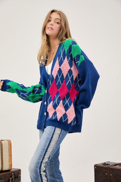 Davi & Dani - Plush Argyle Knit Cardigan