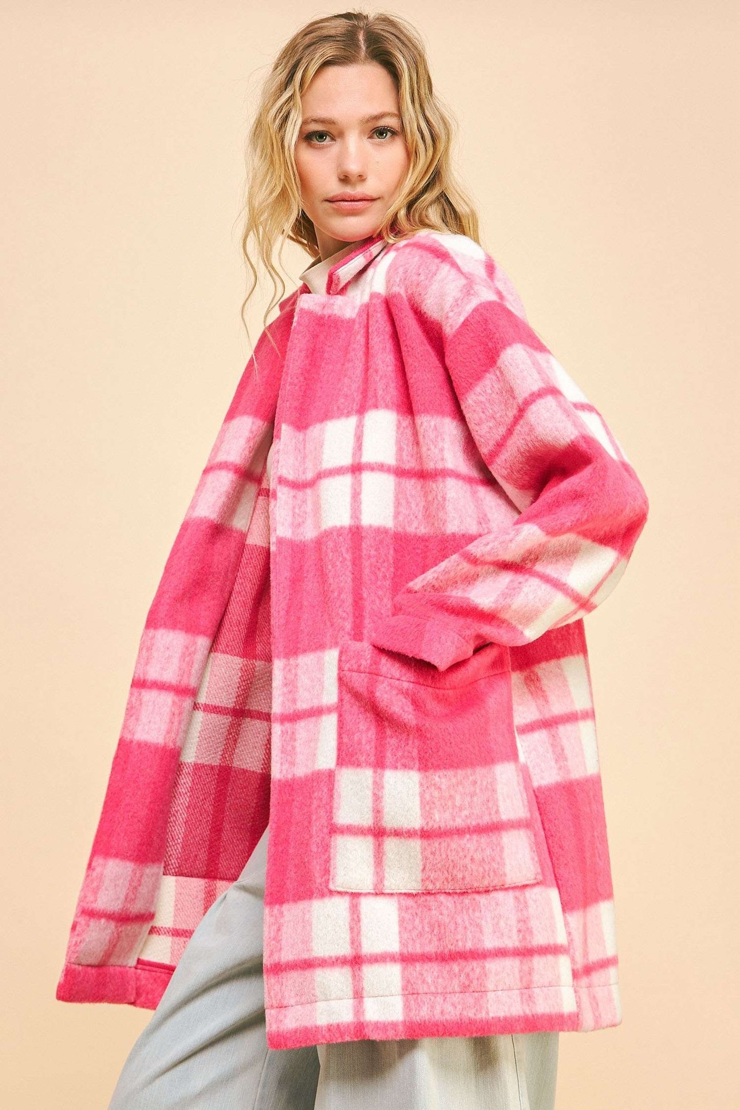 Davi & Dani - Plaid Open Front Drop Shoulder Longline Coat