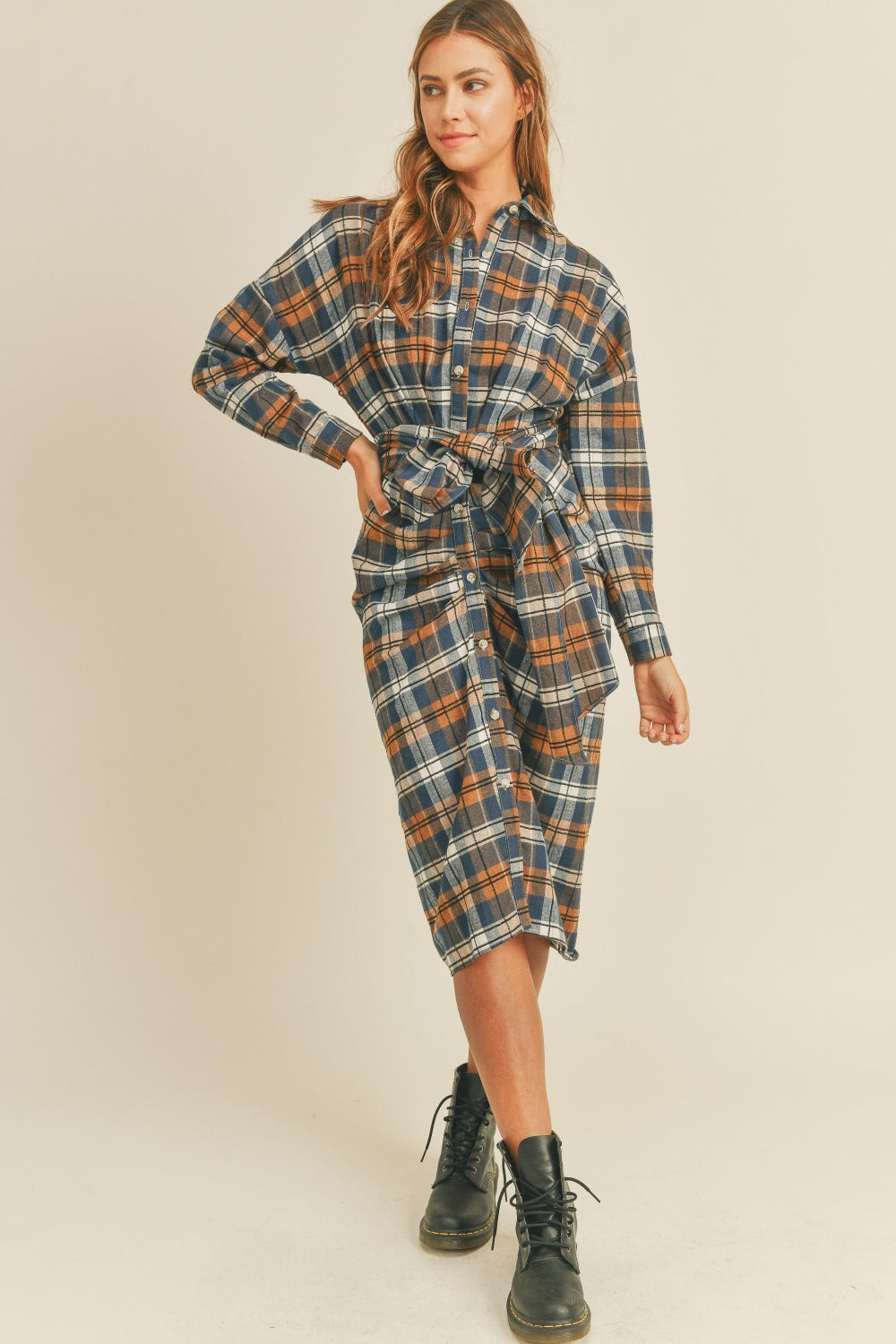 MABLE Plaid Flannel Front Tie Shirt Dress