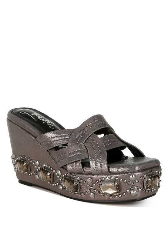 BLISTRONIC Chunky Diamante & Rhinestone Wedge Sandals