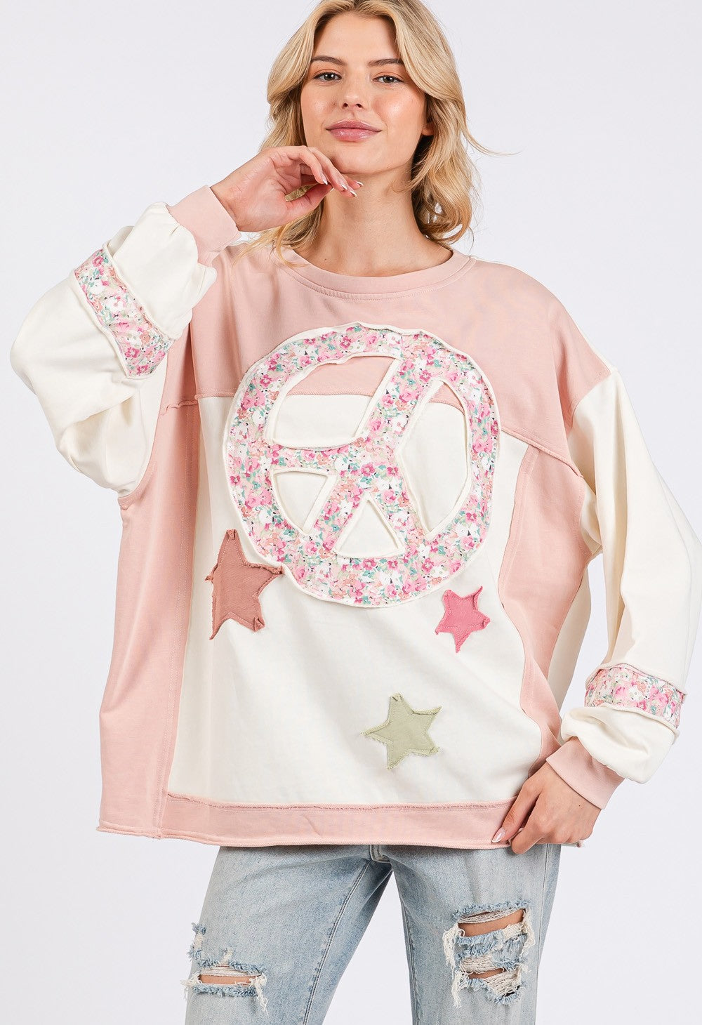 SAGE + FIG - Peace & Star Patch Contrast Round Neck Sweatshirt