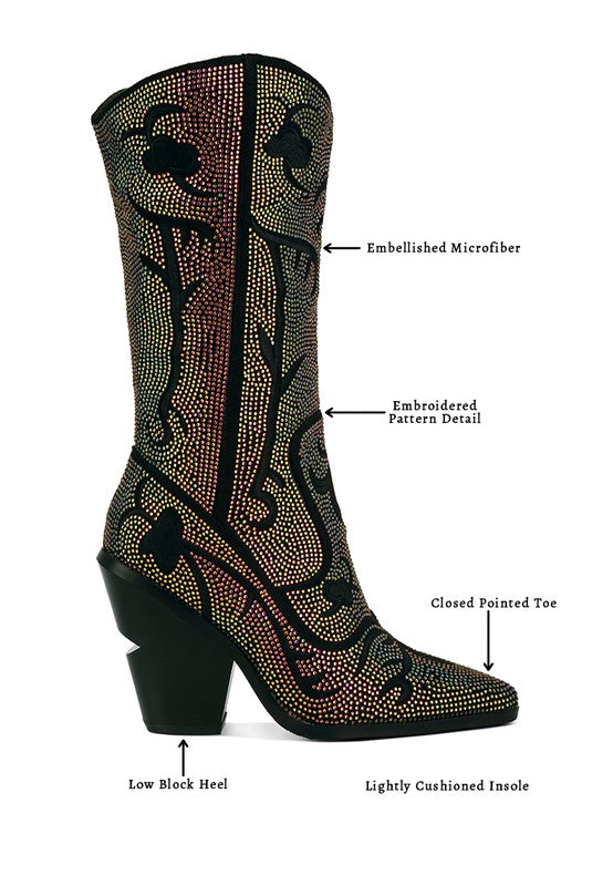 GLIMMER Embroidered Rhinestone Calf Boots