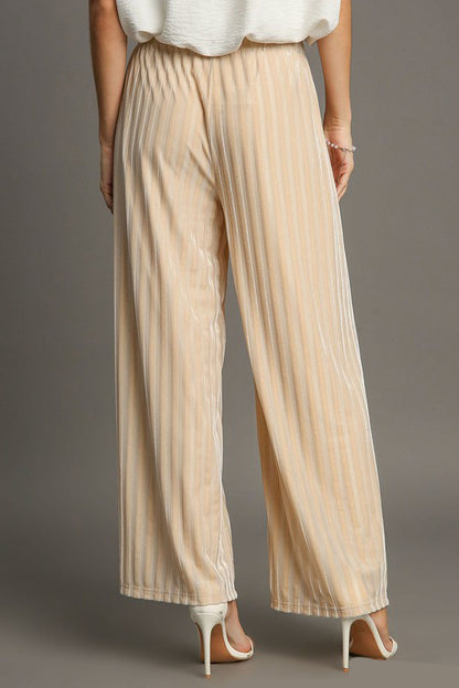 Umgee - Elastic Waist Striped Wide Leg Velvet Pants