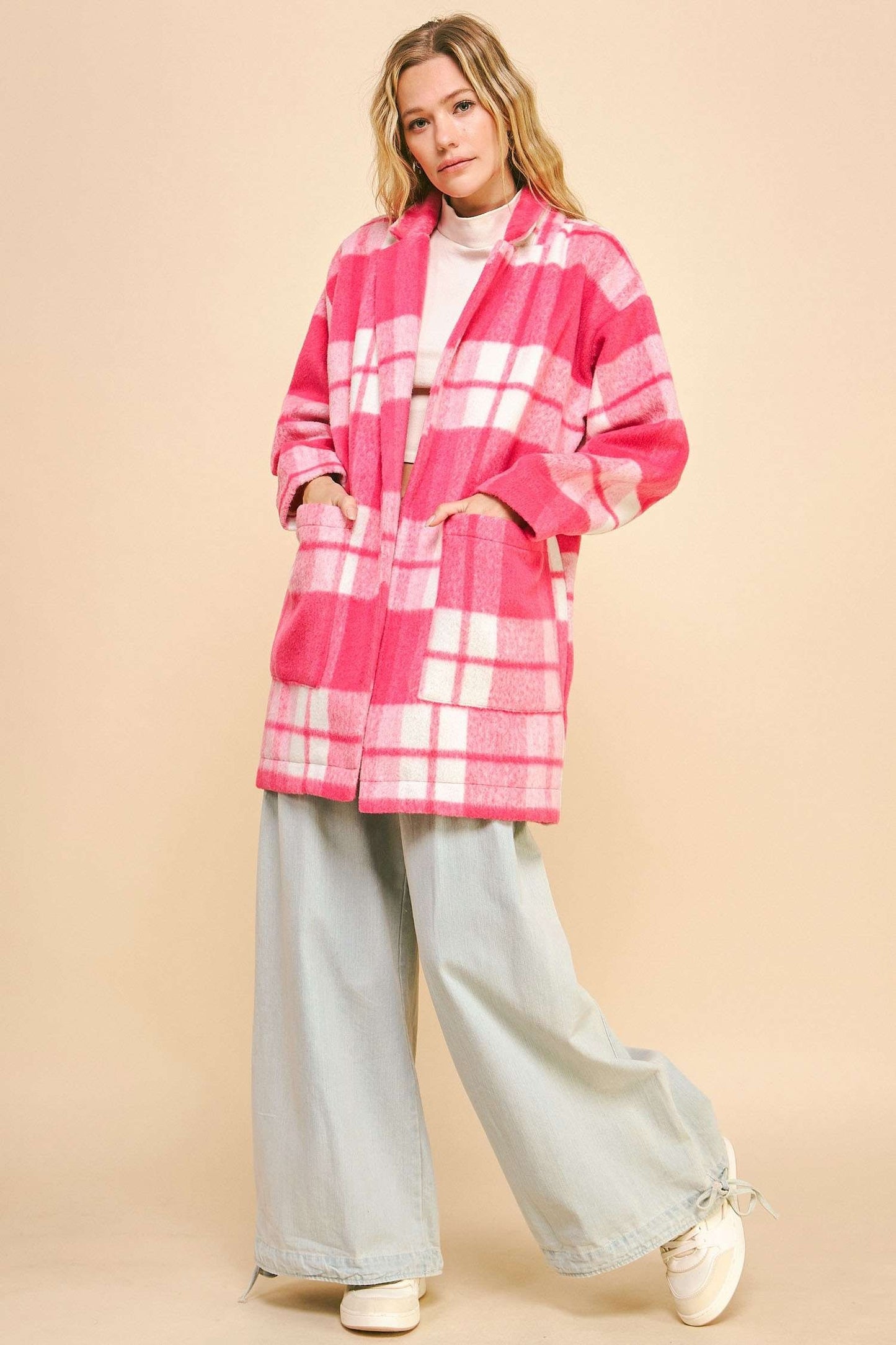 Davi & Dani - Plaid Open Front Drop Shoulder Longline Coat