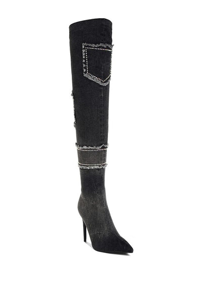 EILISH Rhinestone Knee - High Denim Boots