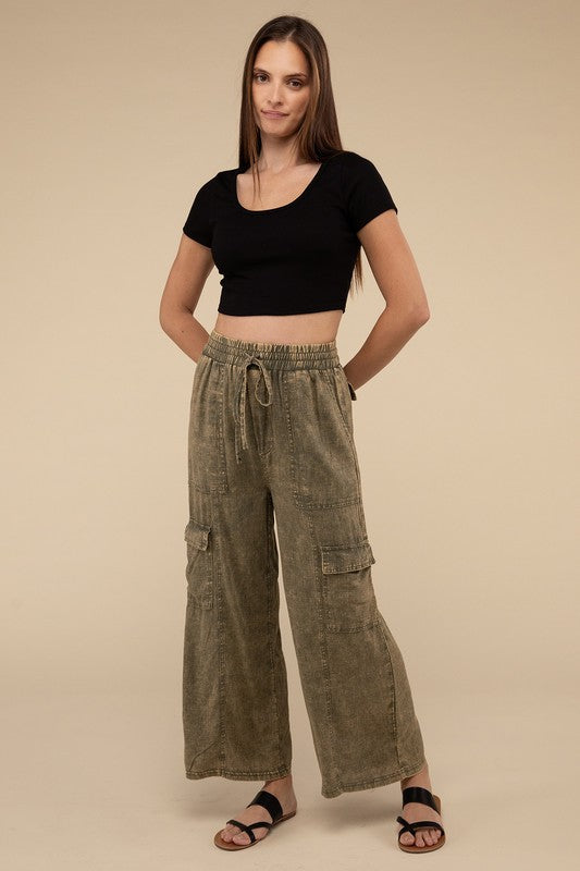 ZENANA Washed Linen Cargo Pants