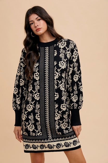 Annie Wear - Floral Jacquard Round Neck Sweater Dress