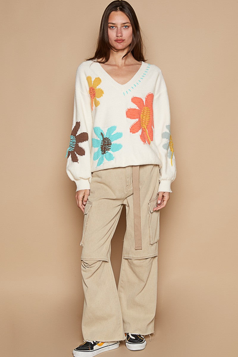 POL - V-Neck Long Sleeve Flower Fringe Sweater