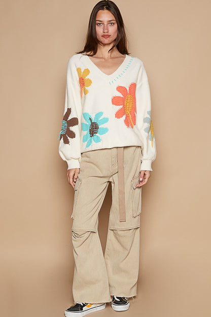 POL - V-Neck Long Sleeve Flower Fringe Sweater