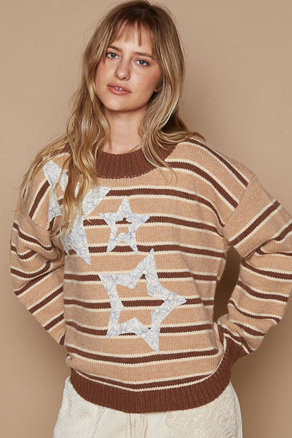 POL Floral Star Patch Striped Sweater