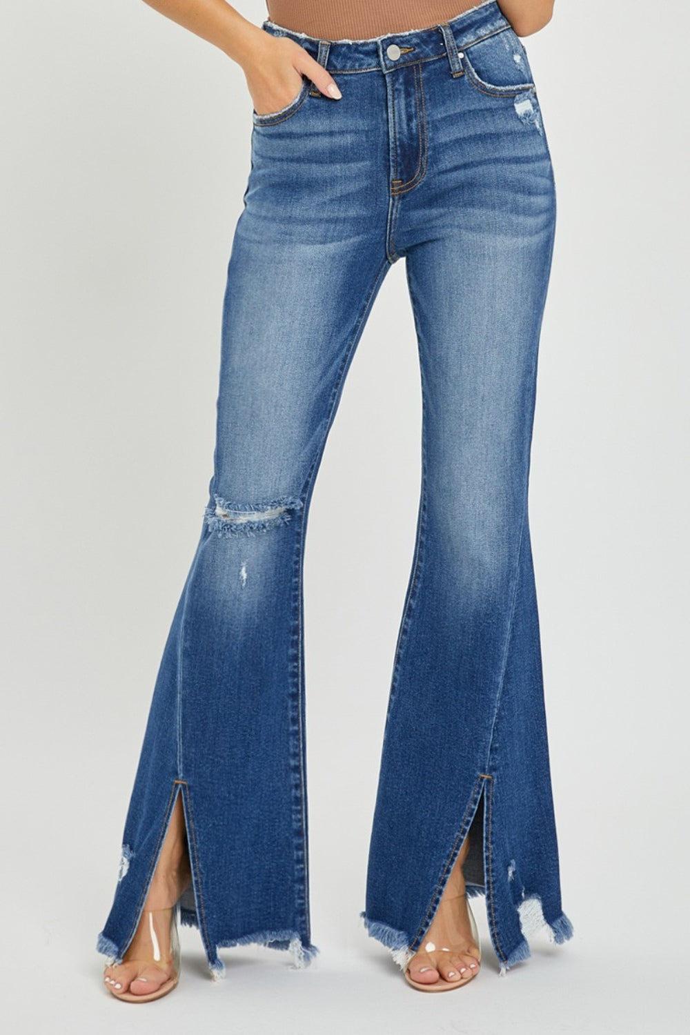 RISEN - Full Size Front Slit Frayed Hem Flare Jeans