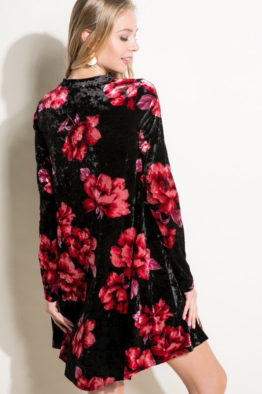 e Luna Floral Print Velvet Swing Dress