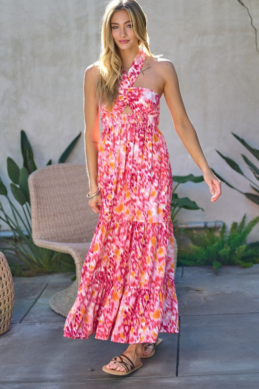 Davi & Dani Printed Halter Maxi Dress