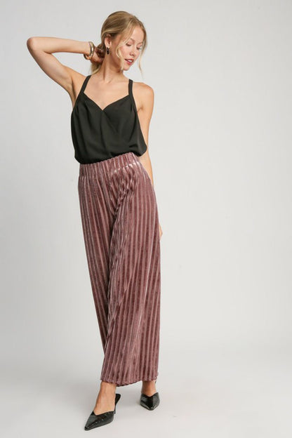 Umgee - Full Size Elastic Waist Striped Wide Leg Velvet Pants