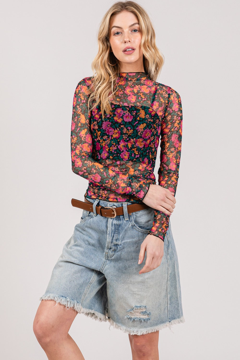 SAGE+FIG Floral Mesh Long Sleeve Top