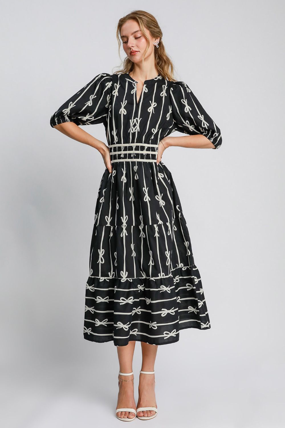 Umgee - Bow Tie Print Notched Contrast Velvet Trim Midi Dress