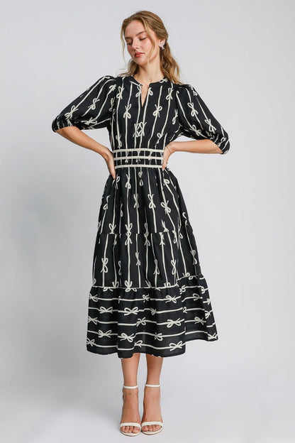 Umgee - Bow Tie Print Notched Contrast Velvet Trim Midi Dress