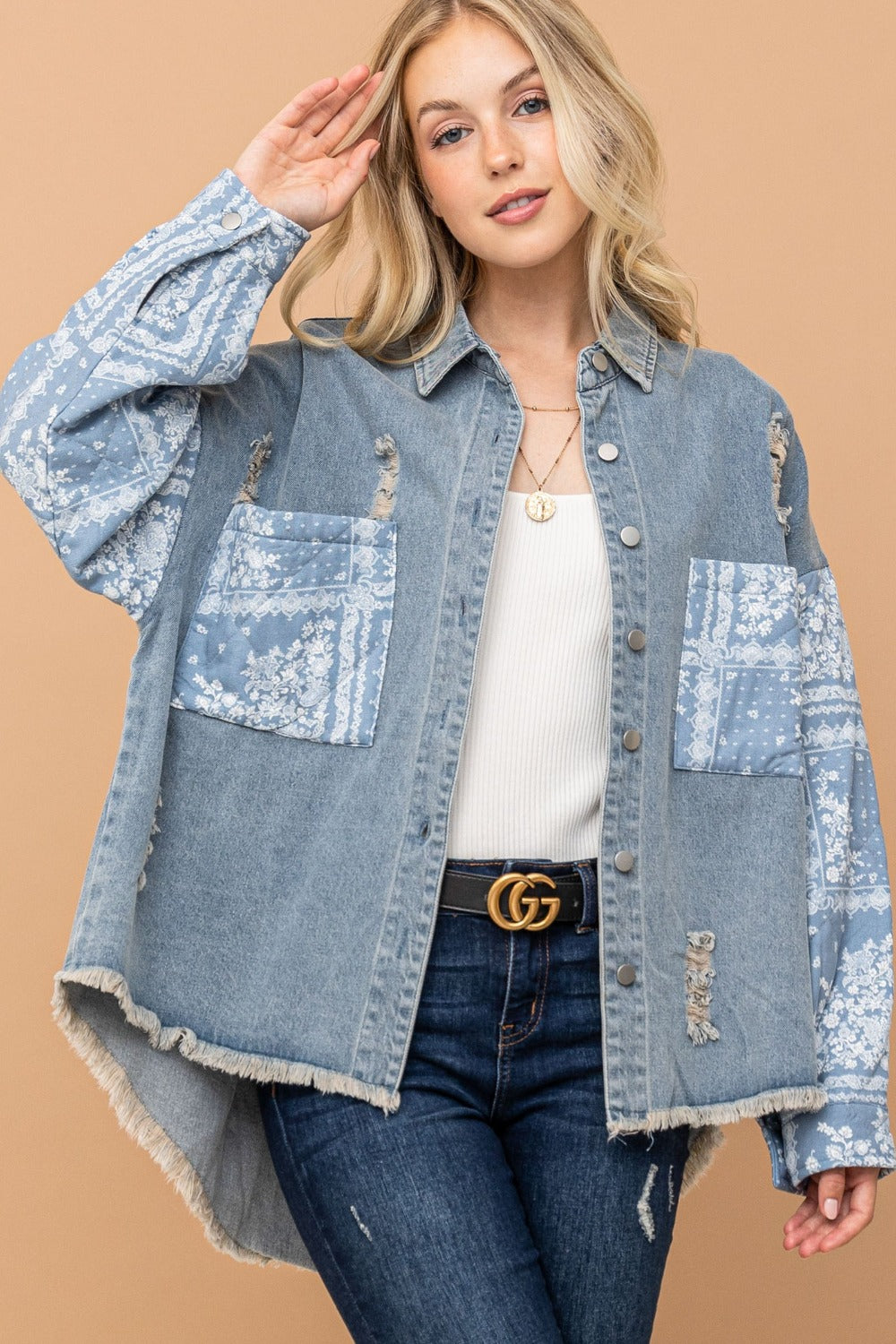 And The Why Full-Size Paisley Print Quilted Sleeve Denim Shacket