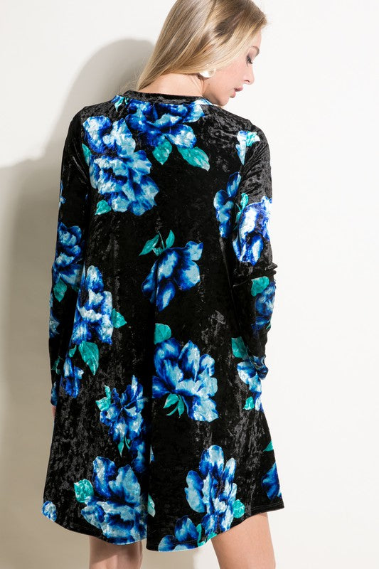 e Luna Floral Print Velvet Swing Dress