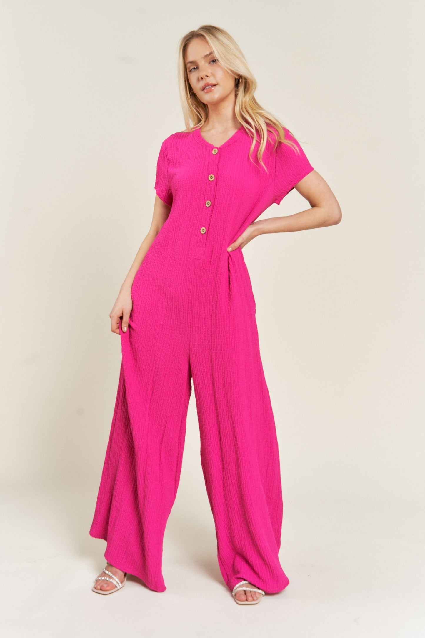 Jade By Jane Textured Short Sleeve Jumpsuit