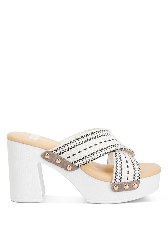 FINLEY Raffia High Block Heel Mules