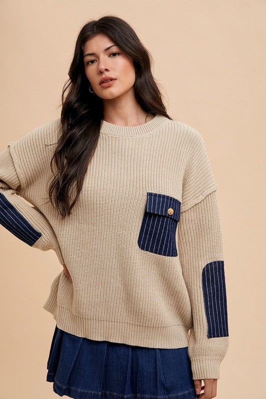 Annie Wear - Contrast Round Neck Drop Shoulder Sweater with Patch Pocket