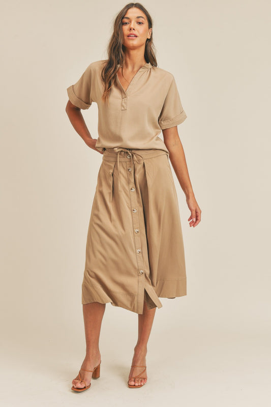 MABLE Cuffed Sleeve Top and Button-Down Midi Skirt Set