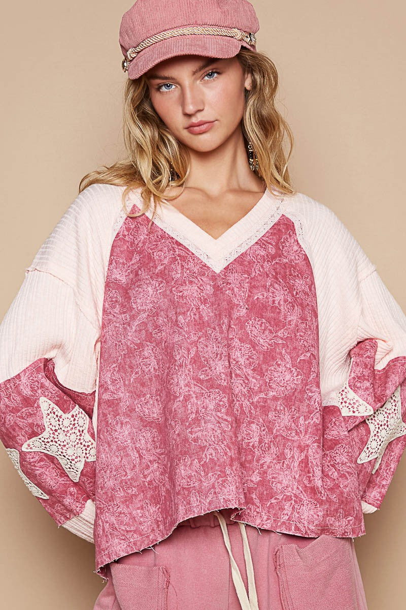 POL Lace Detail Star Pattern Sleeve Floral Print Top