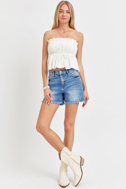 RISEN - Front Slit Raw Hem Denim Shorts