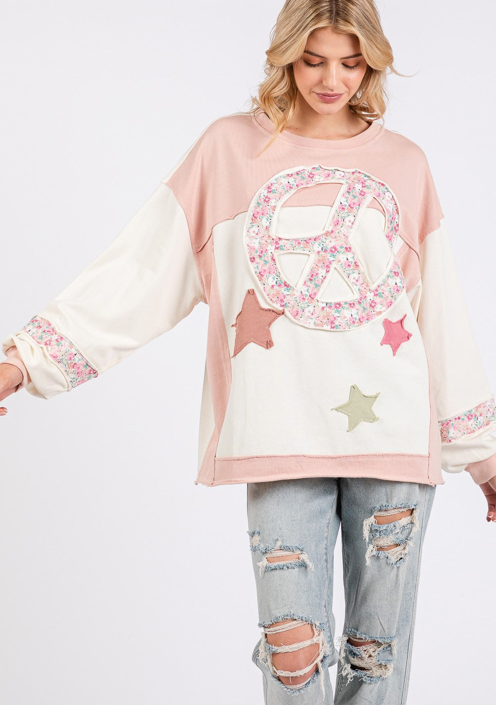 SAGE + FIG - Peace & Star Patch Contrast Round Neck Sweatshirt