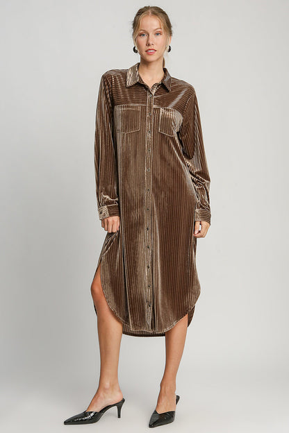 Umgee - Texture Curved Hem Button Down Shirt Dress