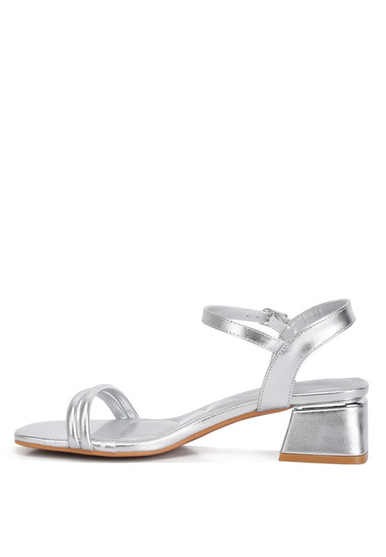 ZABOU Metallic Ankle Strap Low Block Heel Sandal