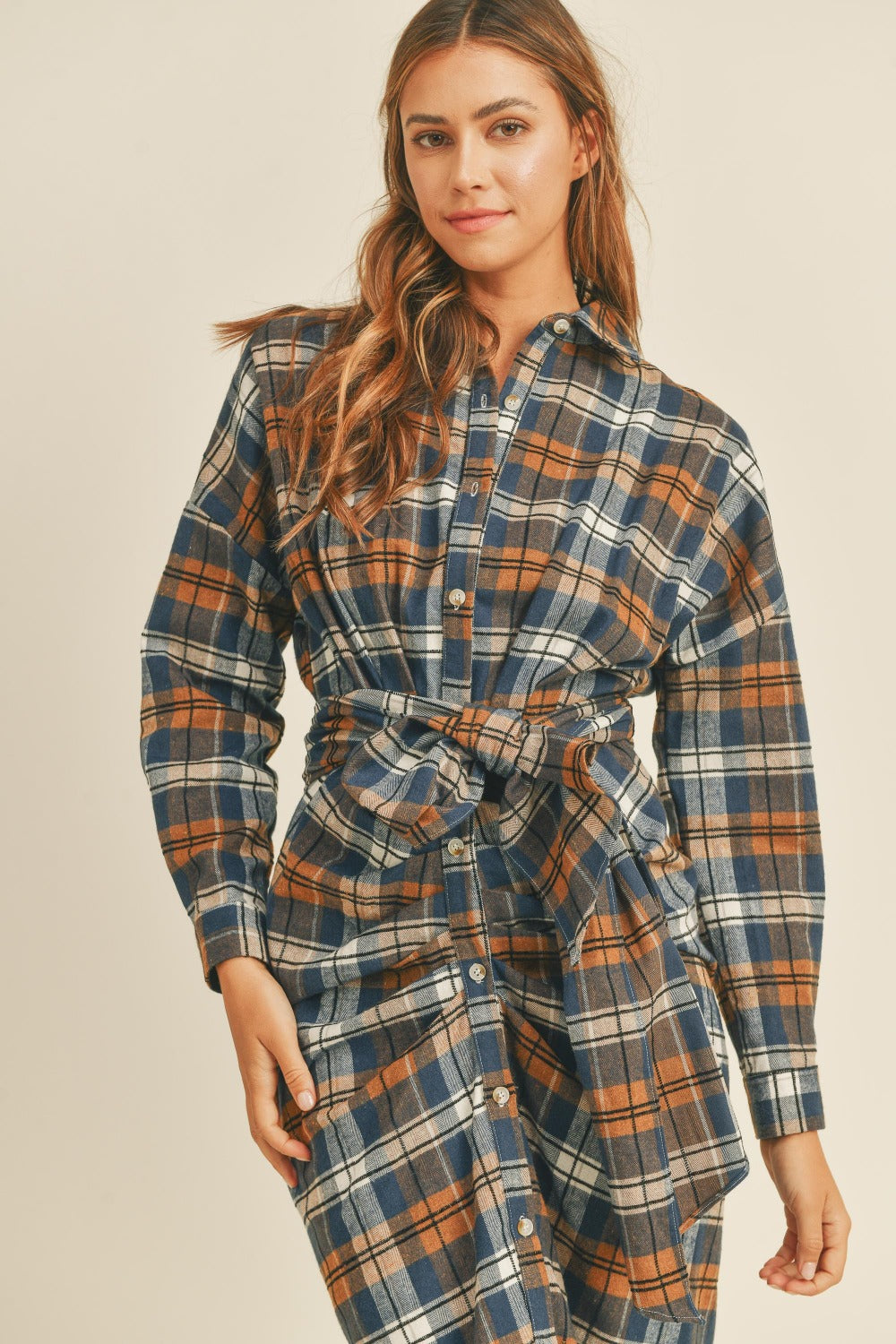 MABLE Plaid Flannel Front Tie Shirt Dress