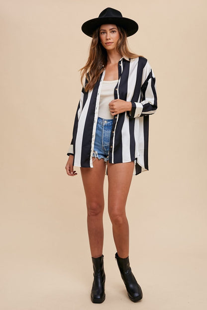 Annie Wear - Striped Dropped Shoulder Button Up Shirt