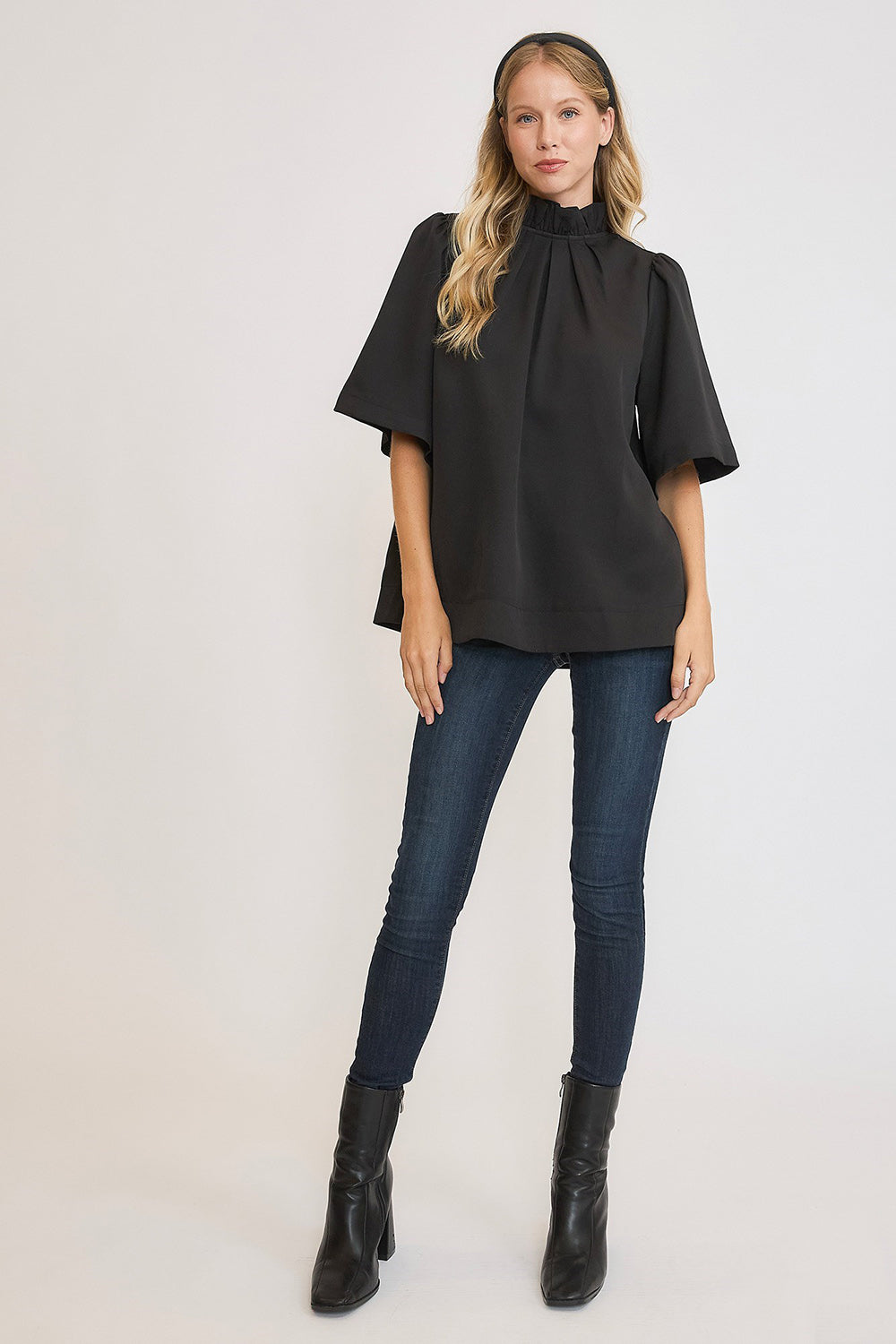 Umgee - Bow Tie Back Mock Neck Half Sleeve Blouse