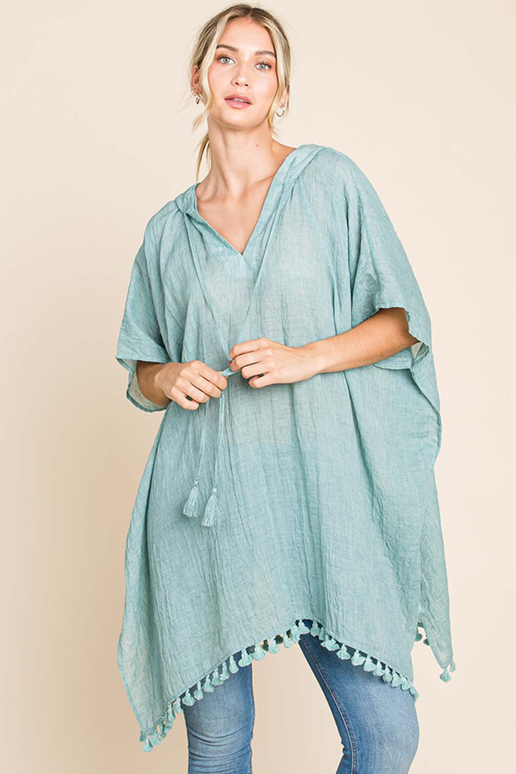 Cotton Bleu Tassel Hem Hooded Cover Up