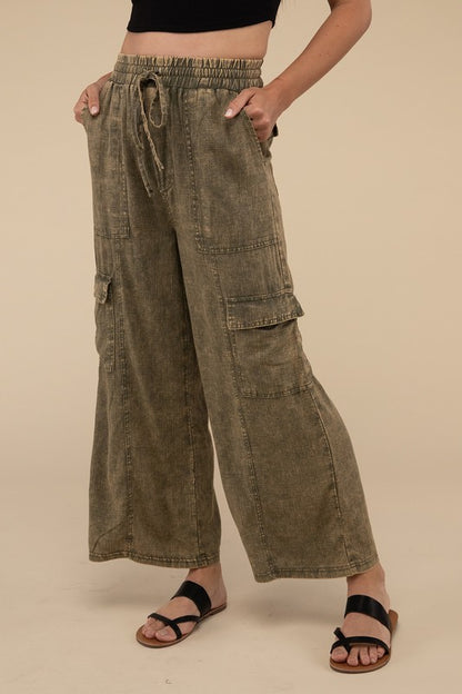 ZENANA Washed Linen Cargo Pants