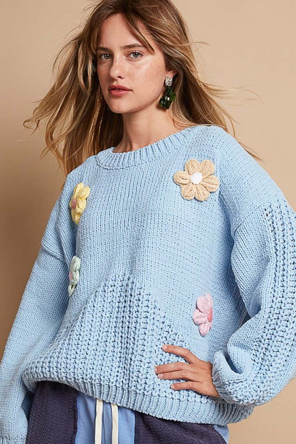 POL - Crochet Flower Dropped Shoulder Sweater