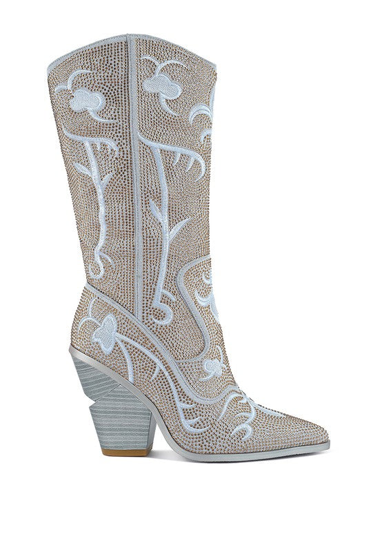 GLIMMER Embroidered Rhinestone Calf Boots