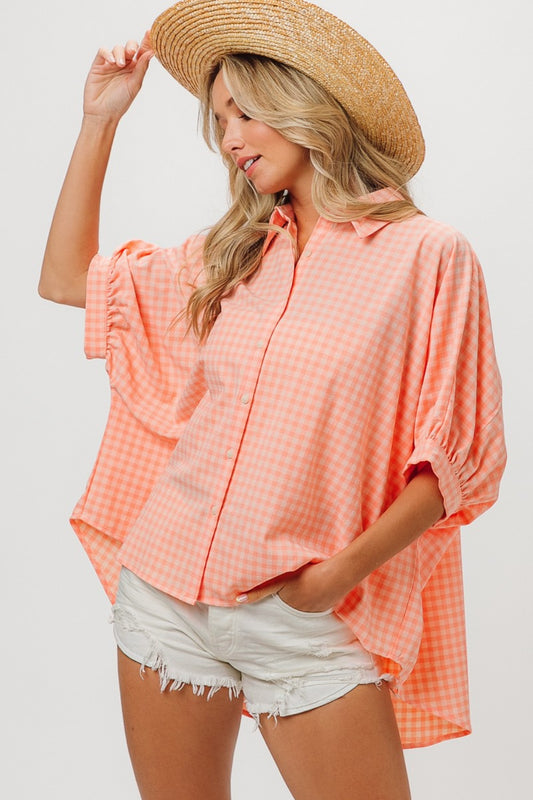 BiBi Plaid Hi-Lo Dolman Sleeve Shirt