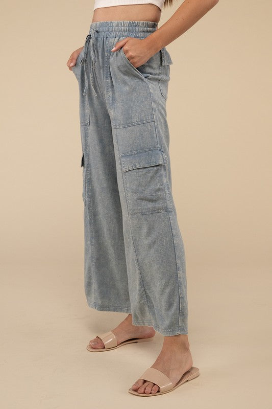 ZENANA Washed Linen Cargo Pants