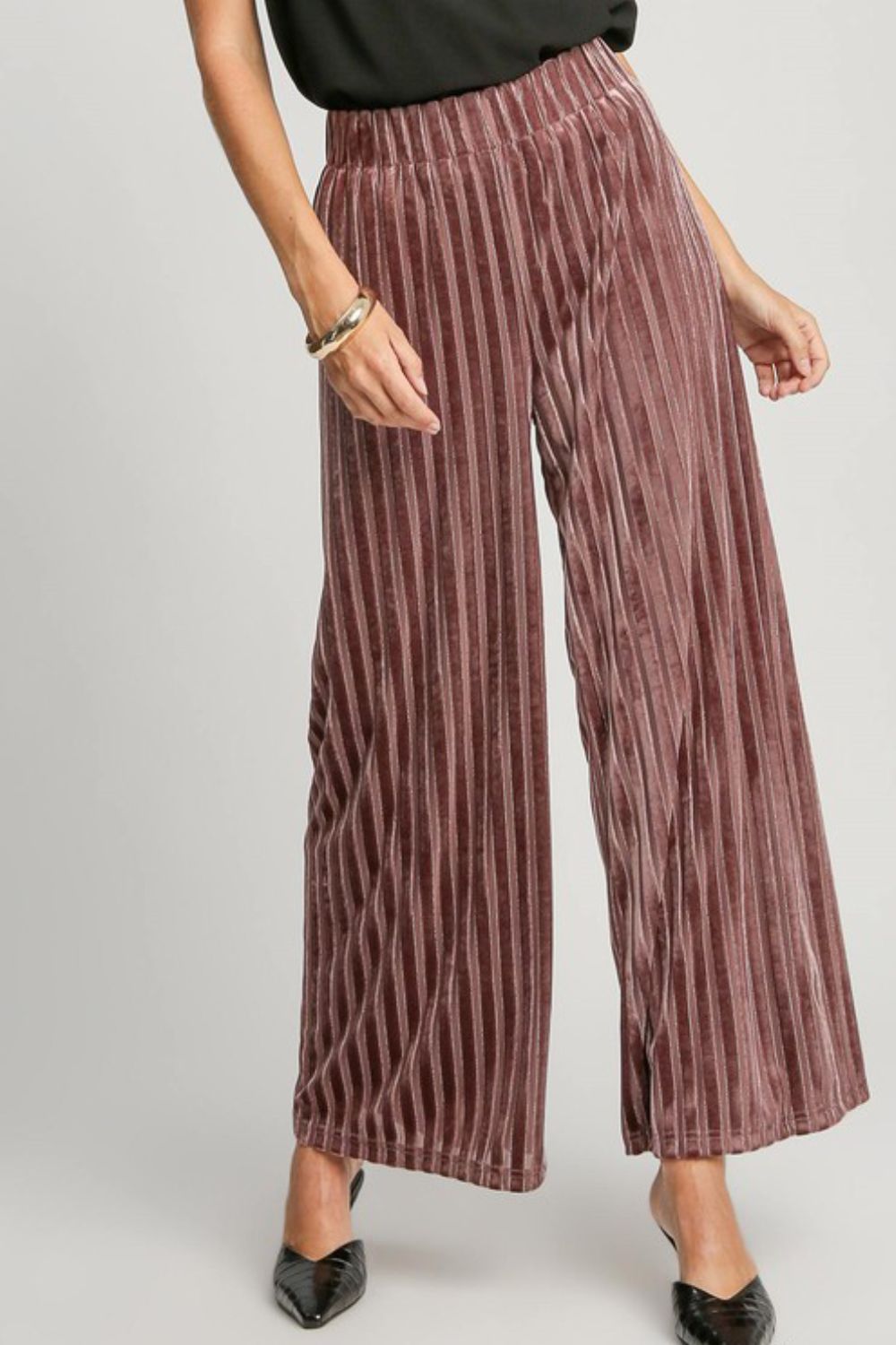 Umgee - Full Size Elastic Waist Striped Wide Leg Velvet Pants